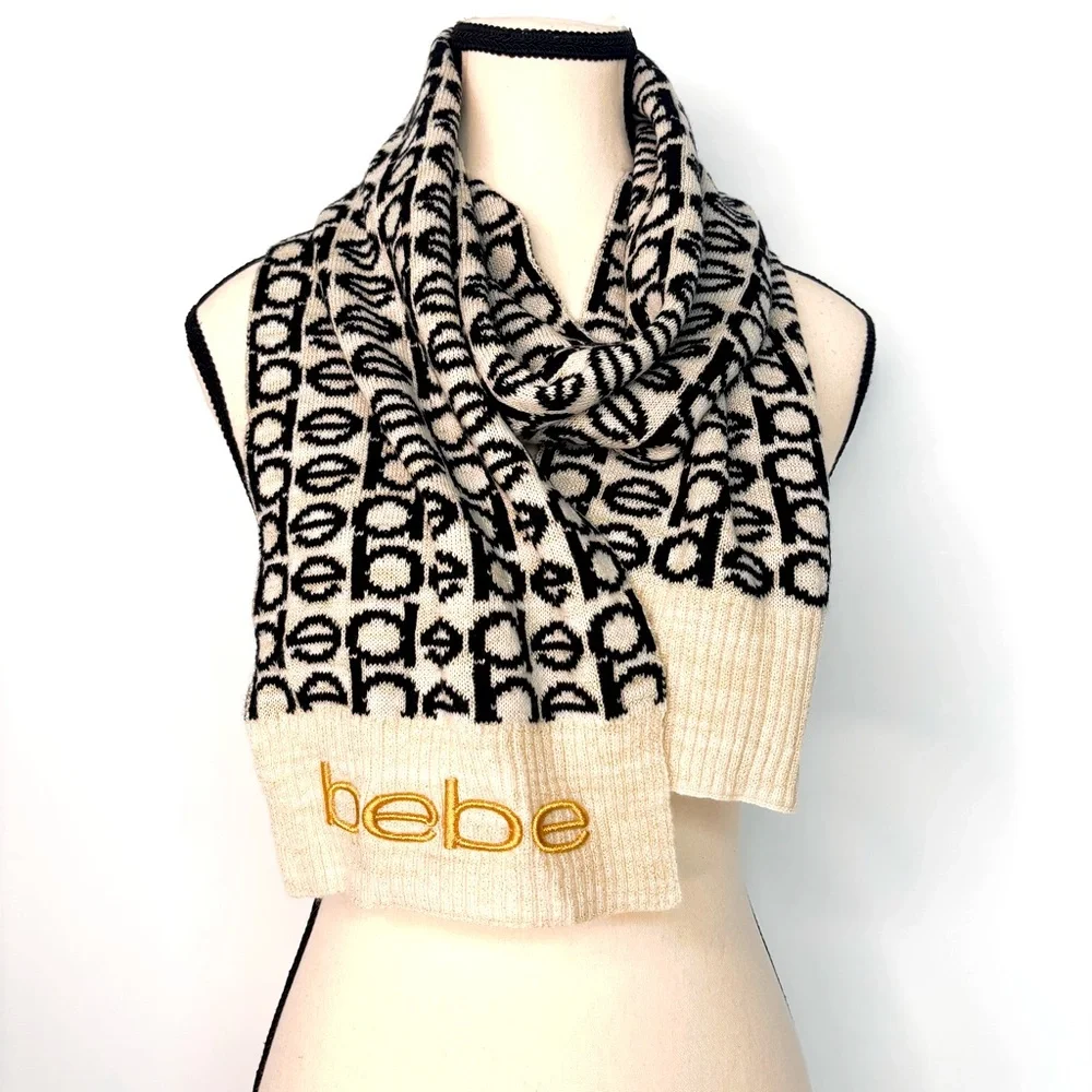 Bebe Y2K‎ Black, Cream & Metallic Gold Logo Scarf Warm Knit Scarf